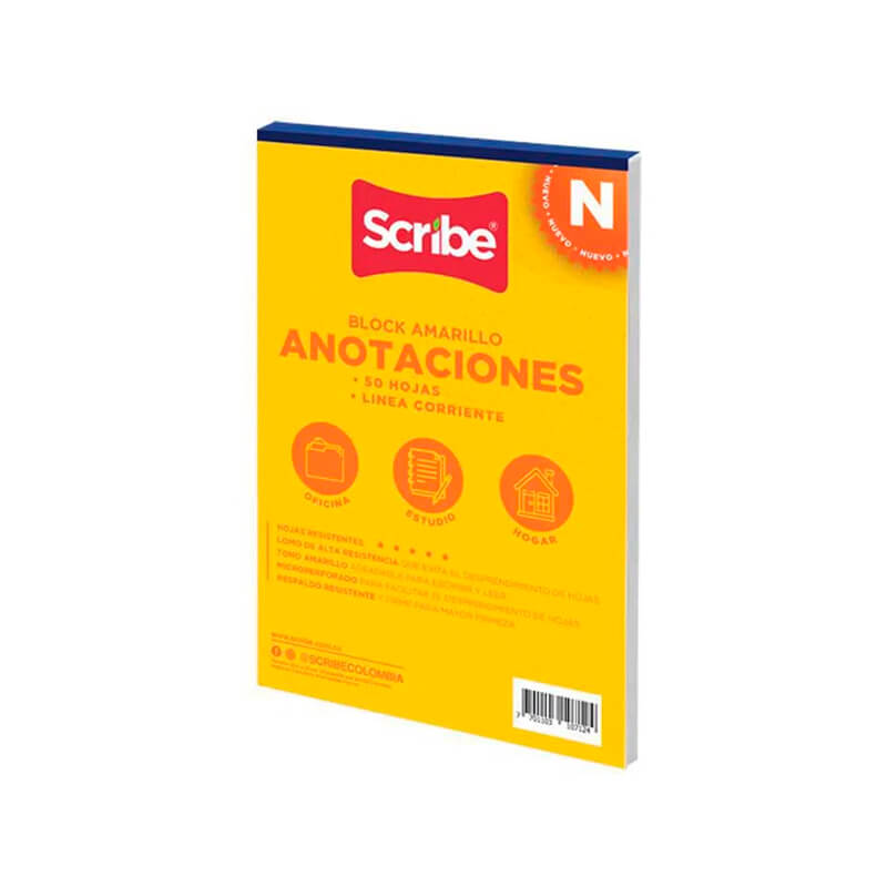 Block amarillo SCRIBE anotaciones x50 hojas cuadriculado