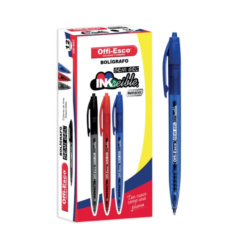 Caja x12 Esfero semi-gel retractil 0.7mm -OFFIESCO- Color Azul