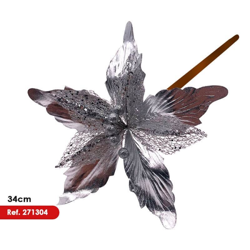 Flor artificial navideña color plateado 28cm aprox