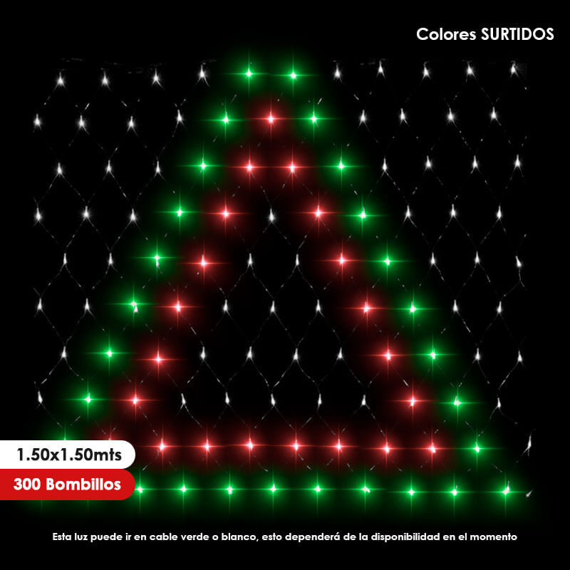 Luz LED Malla navideña con figura de árbol de 1.50 x 1.50mtrs x300 Bombillos Colores Surtidos