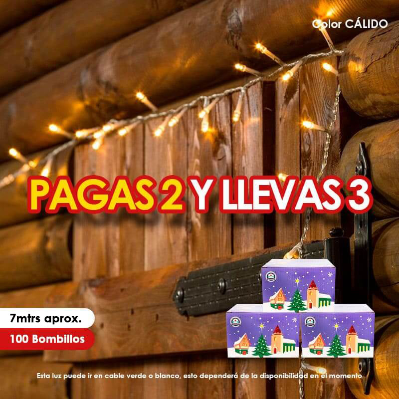 Luz LED lineal navideña cable de 7mtrs x100 Bombillos Color Blanco PAGAS 2 Y LLEVAS 3