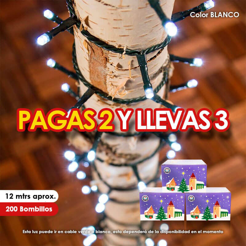 Luz LED lineal navideña cable de 12mtrs x200 Bombillos Color Blanco PAGAS 2 Y LLEVAS 3