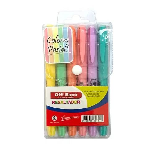 Resaltadores pastel punta biselada -OFFIESCO- x6 Colores