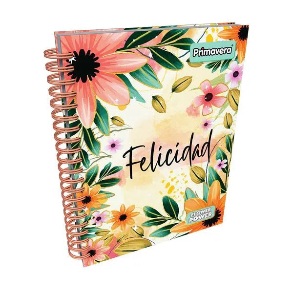 Agenda Argollada grande 5 MATERIAS FEMENINO pasta dura FLOWER POWER FELICIDAD CUADRICULADO