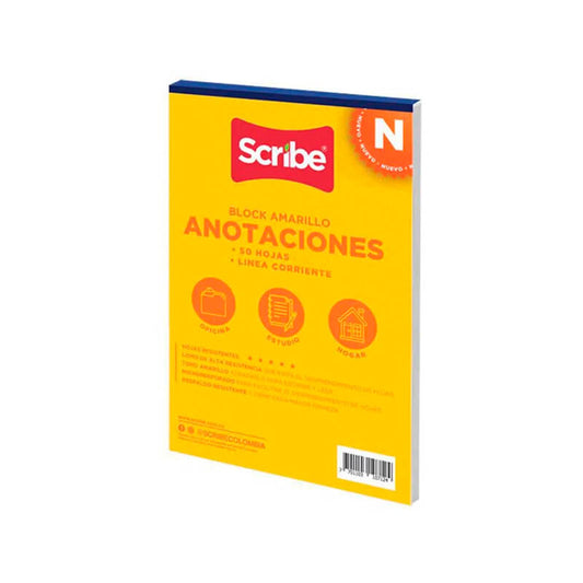 Block amarillo SCRIBE anotaciones x50 hojas cuadriculado