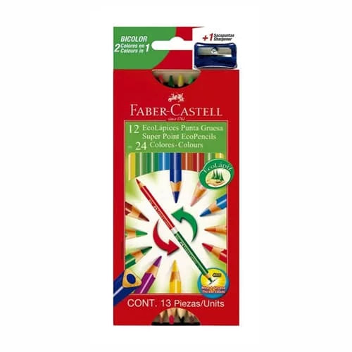 Colores doble punta + TAJALAPIZ -FABER CASTELL- 12 lapices 24 Colores