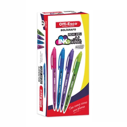 Caja x12 Esfero retractil 1,0mm SEMI-GEL -OFFIESCO- COLORES SURTIDOS