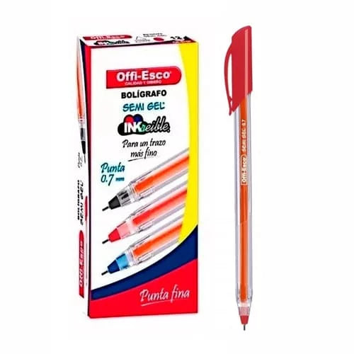 Caja x12 Esfero semi-gel 0,7mm -OFFIESCO- Color Rojo