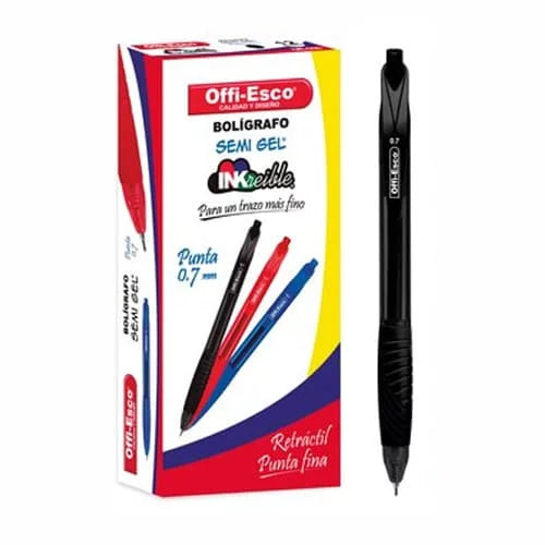 Caja x12 Esfero semi-gel retractil 0.7mm con caucho -OFFIESCO- Negro