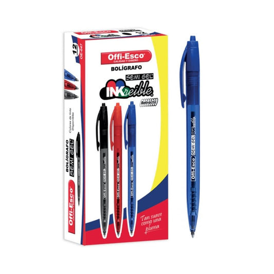Caja x12 Esfero semi-gel retractil 0.7mm -OFFIESCO- Color Azul