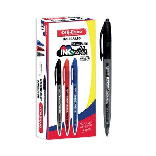 Caja x12 Esfero semi-gel retractil 0.7mm -OFFIESCO- Color Negro