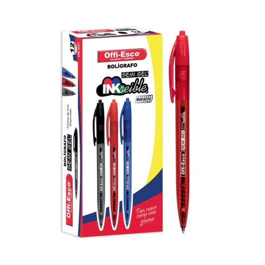 Caja x12 Esfero semi-gel retractil 0.7mm -OFFIESCO- Color Rojo