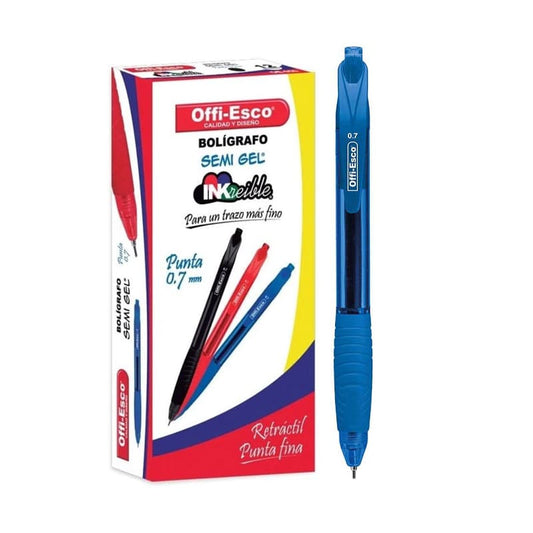Caja x12 Esfero semi-gel retractil 0.7mm con caucho -OFFIESCO- Azul
