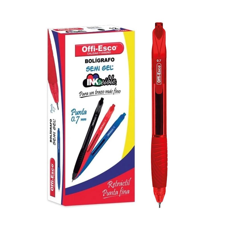 Caja x12 Esfero semi-gel retractil 0.7mm con caucho -OFFIESCO- Rojo