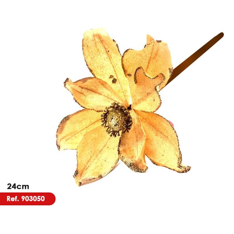 Flor artificial navideña color dorado palo 24cm aprox.