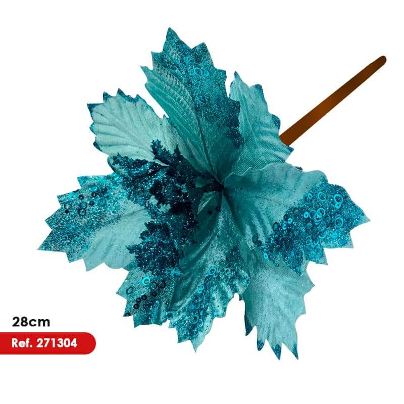 Flor artificial Poinsettia color turquesa 28cm aprox