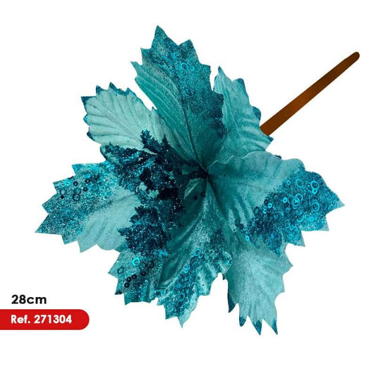 Flor artificial Poinsettia color turquesa 28cm aprox