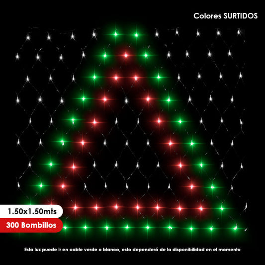 Luz LED Malla navideña con figura de árbol de 1.50 x 1.50mtrs x300 Bombillos Colores Surtidos