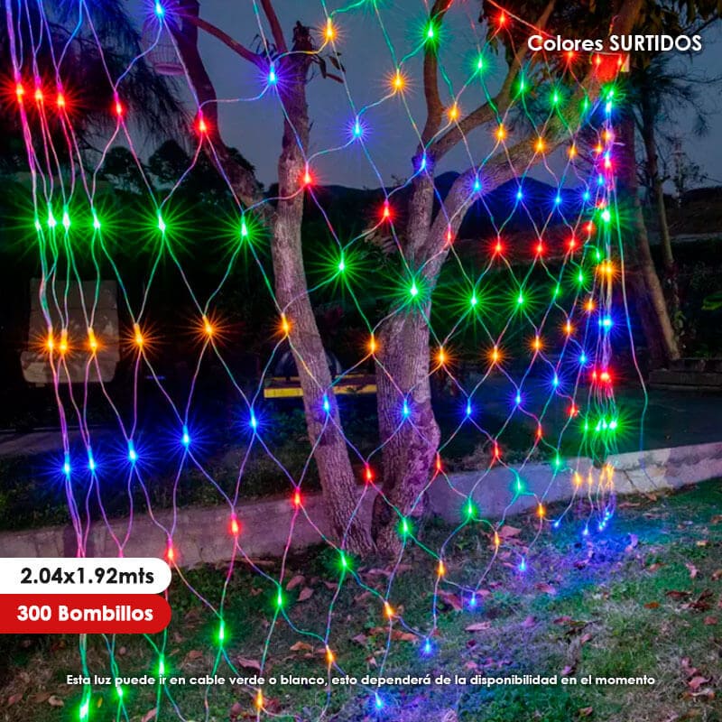 Luz LED Malla navideña de 2.04 x 1.92mtrs x300 Bombillos Colores Surtidos