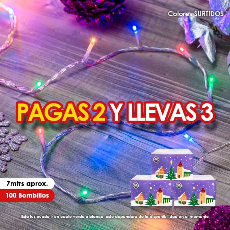 Luz LED lineal navideña cable de 7mtrs x100 Bombillos Colores Surtidos PAGAS 2 Y LLEVAS 3