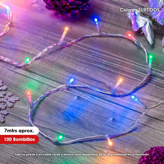 Luz LED lineal navideña cable de 7mtrs x100 Bombillos Colores Surtidos