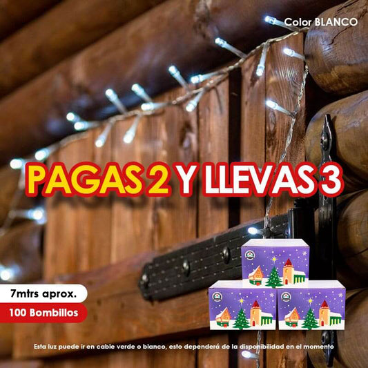 Luz LED lineal navideña cable de 7mtrs x100 Bombillos Color Blanco PAGAS 2 Y LLEVAS 3