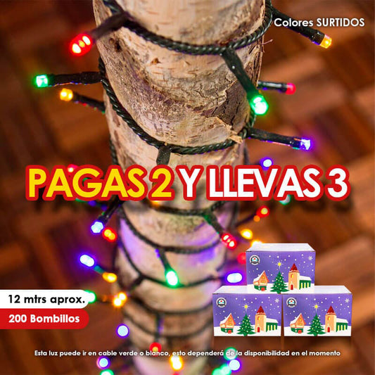 Luz LED lineal navideña cable de 12mtrs x200 Bombillos Colores Surtidos PAGAS 2 Y LLEVAS 3
