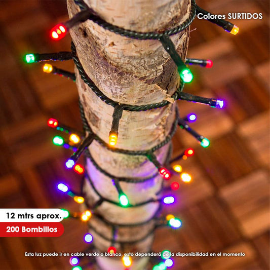 Luz LED lineal navideña cable de 12mtrs x200 Bombillos Colores Surtidos