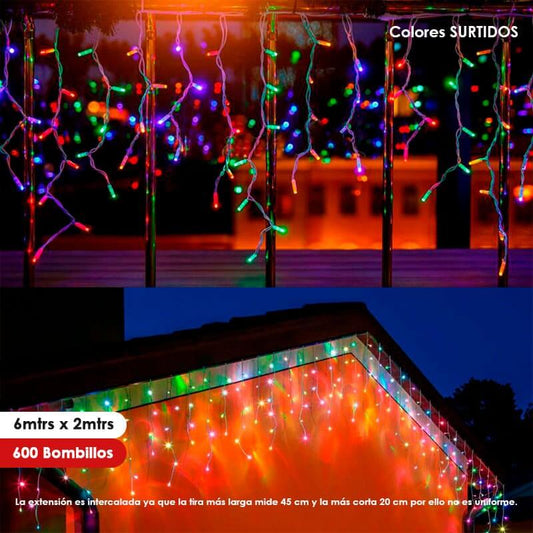 Luz de navidad tipo chorro 6mts x 2mts 600LED Colores Surtidos