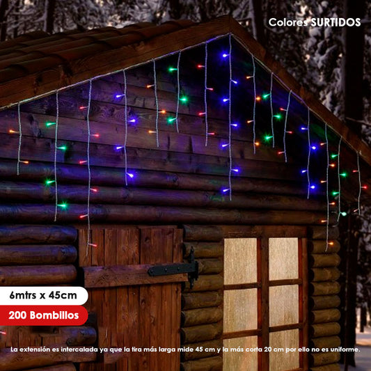 Luz de navidad tipo Lluvia 6mts x 45cm 200LED Colores Surtidos