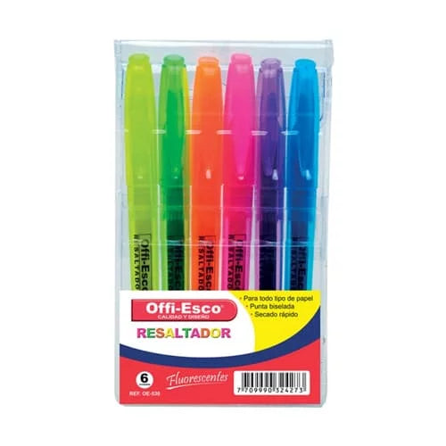 Resaltadores neón punta biselada -OFFIESCO- x6 Colores