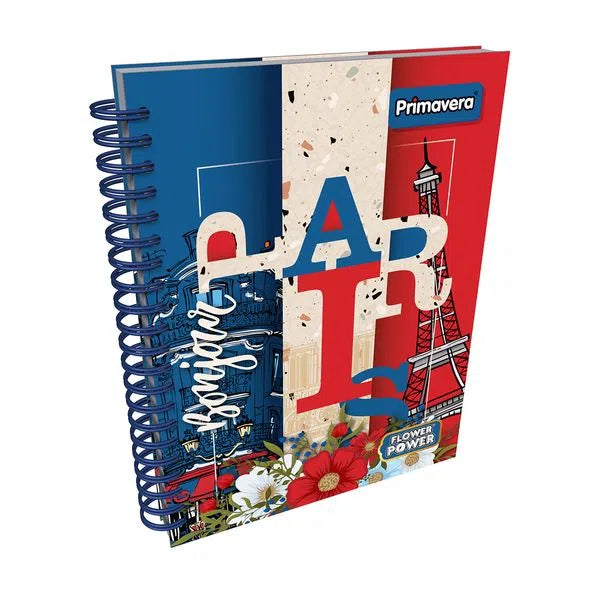 Agenda Argollada grande 5 MATERIAS UNISEX pasta dura FLOWER POWER BONJOUR PARIS CUADRICULADO