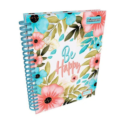 Agenda Argollada grande 5 MATERIAS FEMENINO pasta dura FLOWER POWER BE HAPPY CUADRICULADO